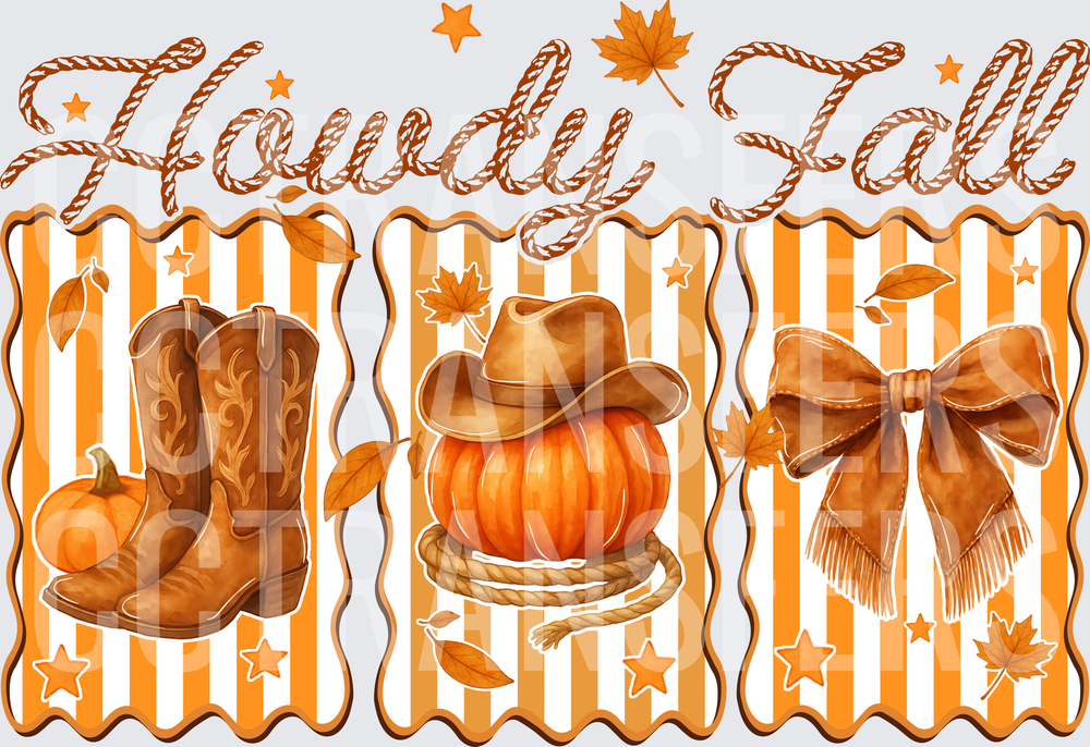 Howdy Fall Cowboy Boots Pumpkin Hat Bow Autumn (DTF)
