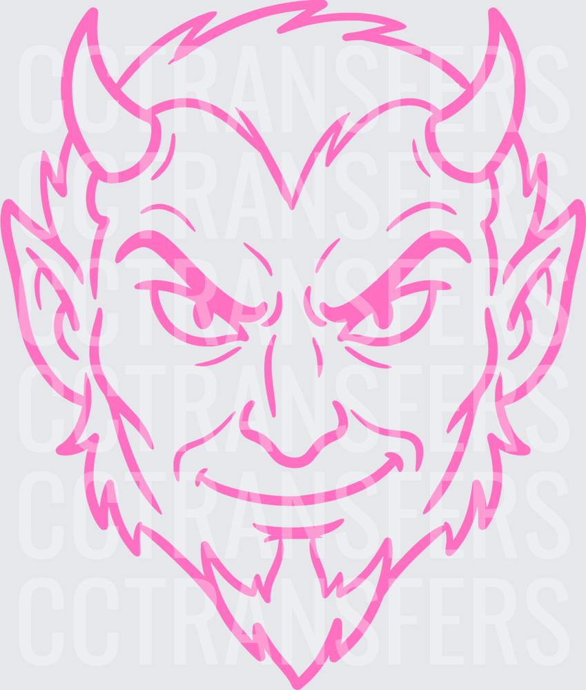 Pink Line Art Smirking Devil Face with Horns (DTF)