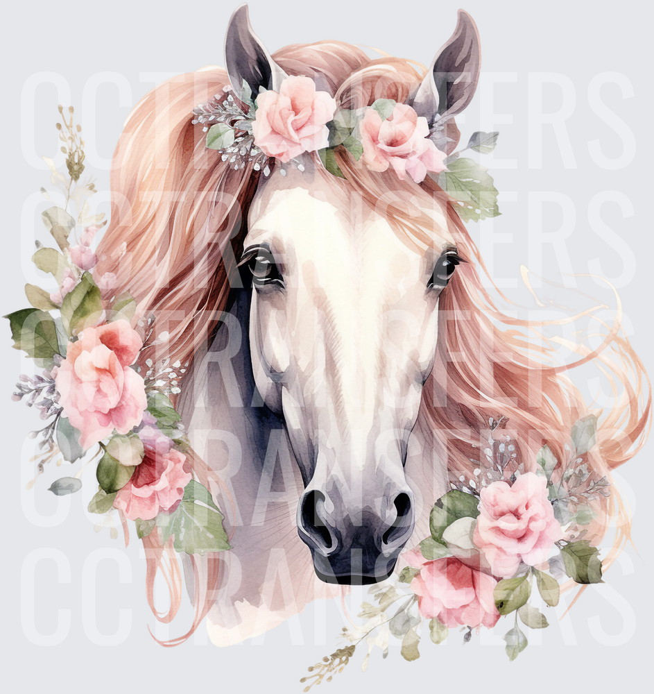 Watercolor Horse Portrait with Pink Floral Crown (DTF)