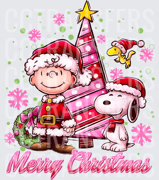 Merry Christmas Cartoon Boy Dog Bird Santa Holiday (DTF)