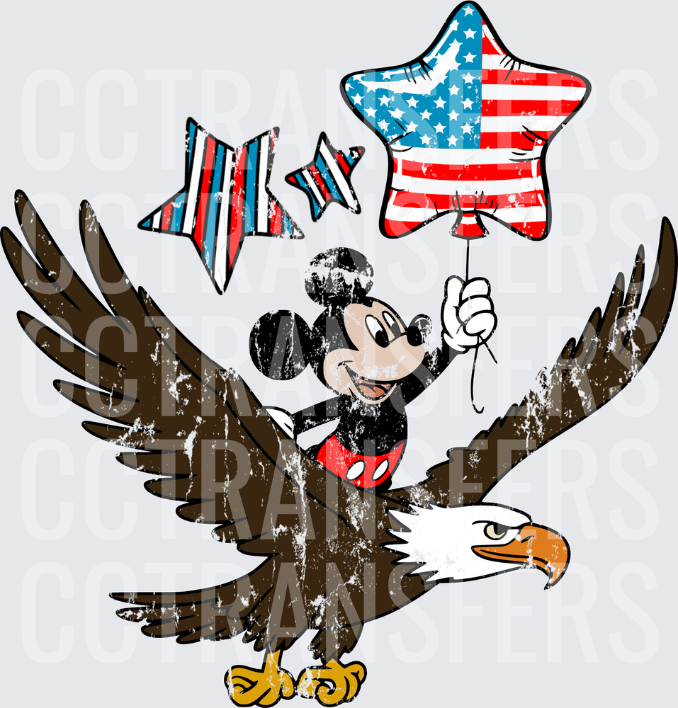 Cartoon Mouse Riding Bald Eagle with American Flag Star Balloon (DTF)