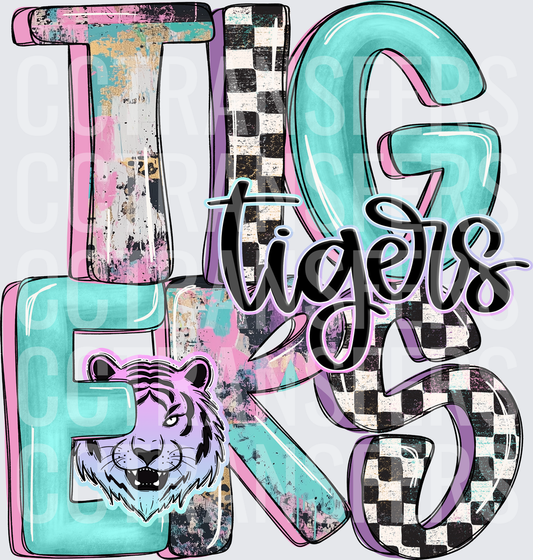 Tigers Mascot Retro Checkered Pastel Block Letters (DTF)