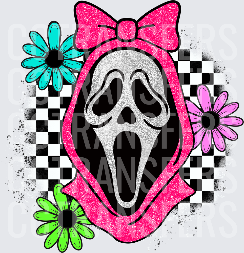 Glitter Ghost Face Mask Pink Bow Floral Checker (DTF)