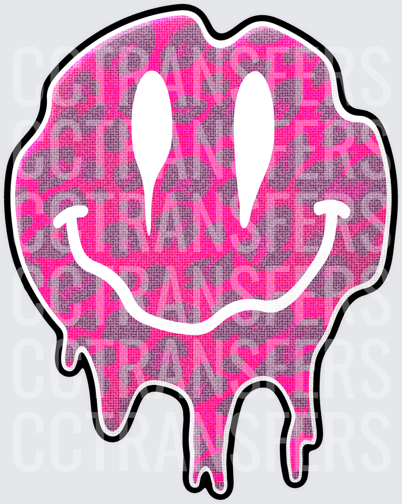 Pink Leopard Print Dripping Melting Smiley Face (DTF)