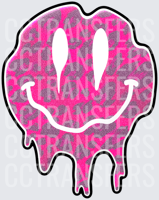Pink Leopard Print Dripping Melting Smiley Face (DTF)