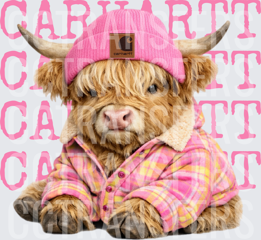 Pink Plaid Fluffy Highland Calf Pink Beanie Western (DTF)