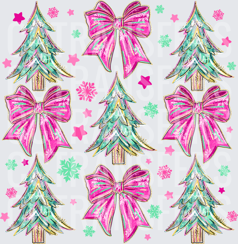 Preppy Pink Bow Christmas Trees Snowflakes Stars (DTF)