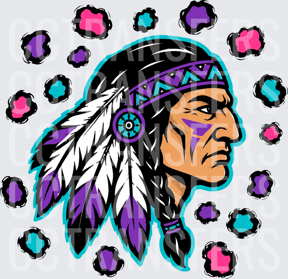 Native Chief Profile Purple Feather Headdress Leopard Spots (DTF)