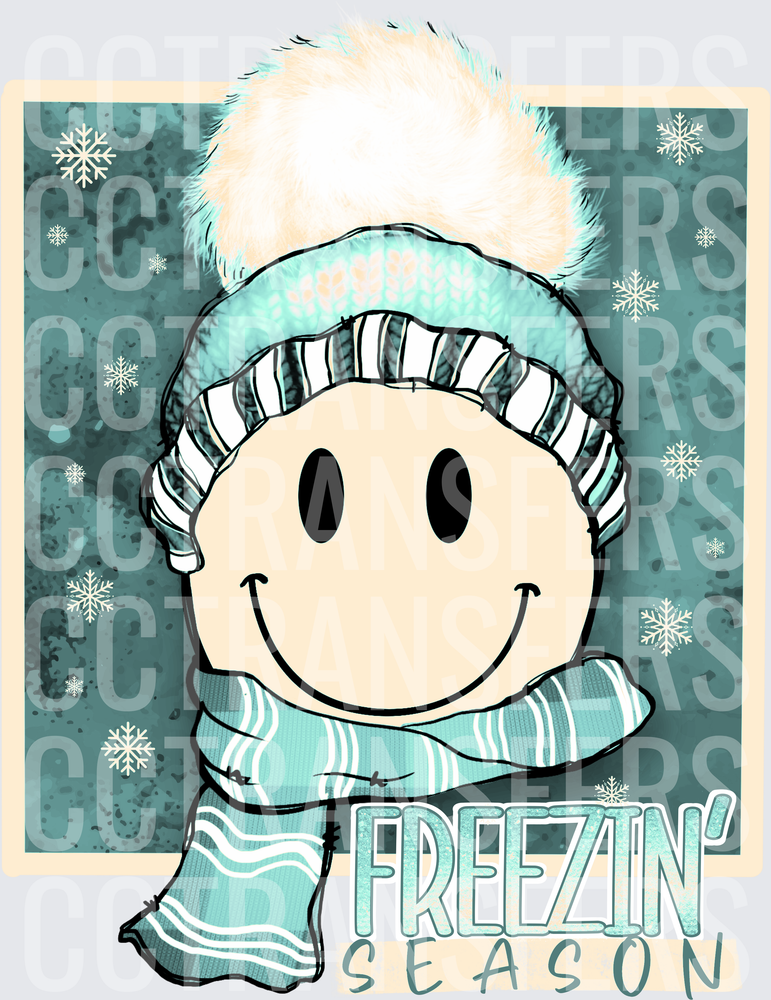 Freezin' Season Smiley Face Winter Beanie Scarf Snowflakes (DTF)