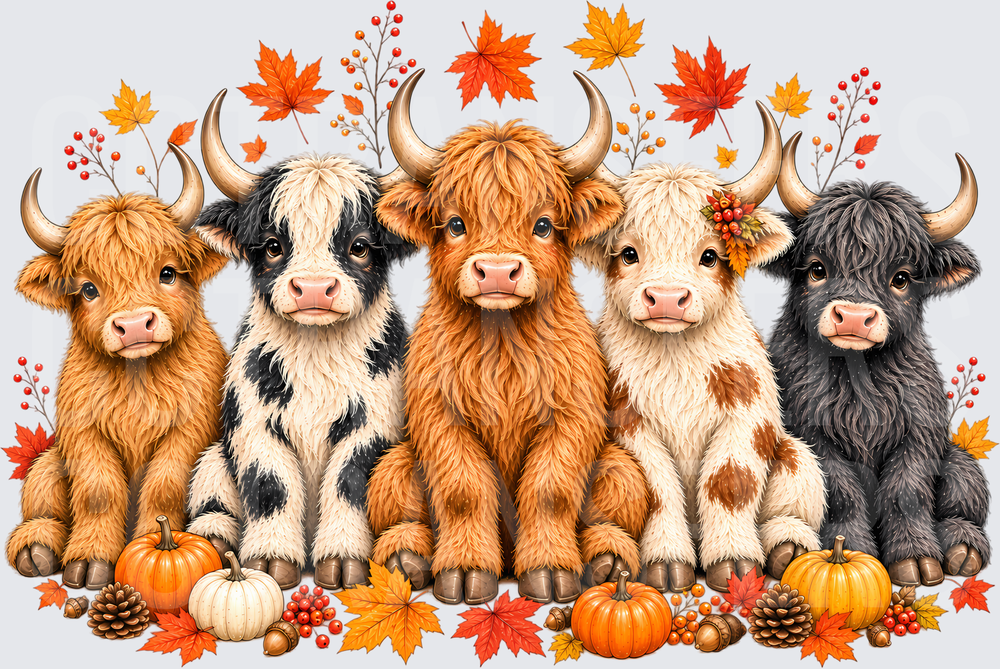 Cute Baby Highland Cows Fall Pumpkins Autumn Leaves (DTF)