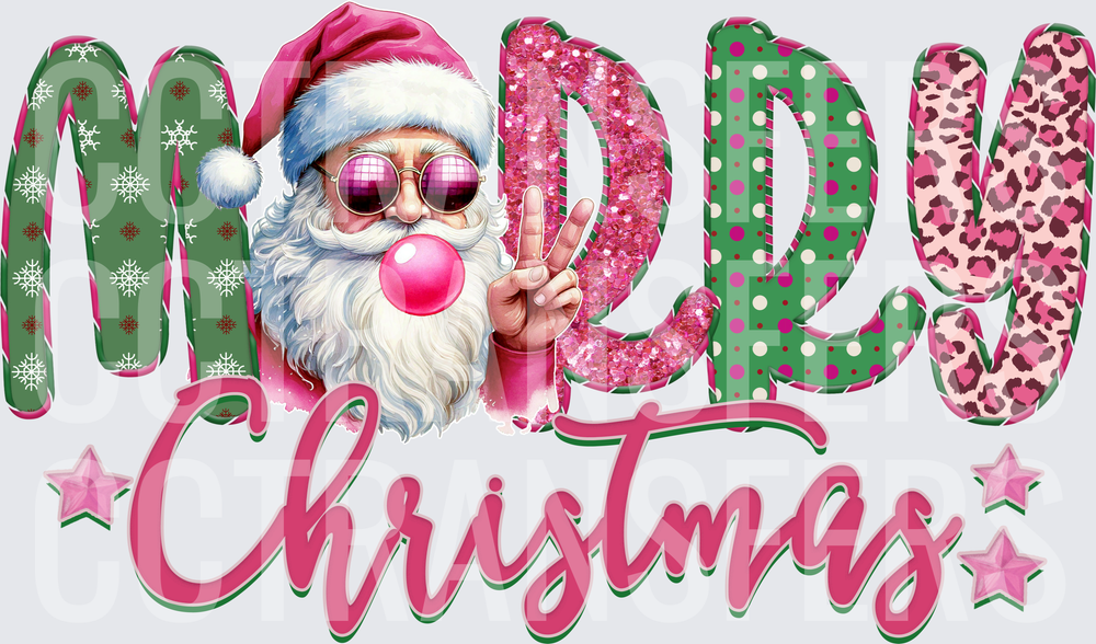 Merry Christmas Trendy Santa Bubblegum Peace Sign Pink (DTF)