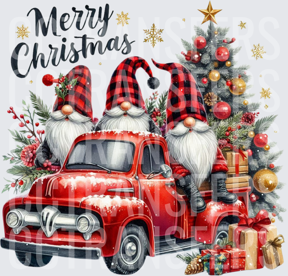 Merry Christmas Three Gnomes Red Vintage Truck Buffalo Plaid (DTF)