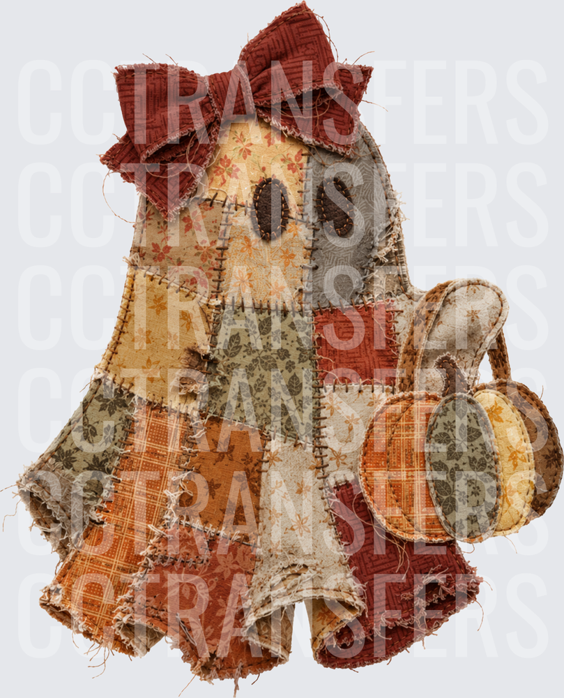 Patchwork Quilt Ghost Girl Holding Pumpkin Fall (DTF)