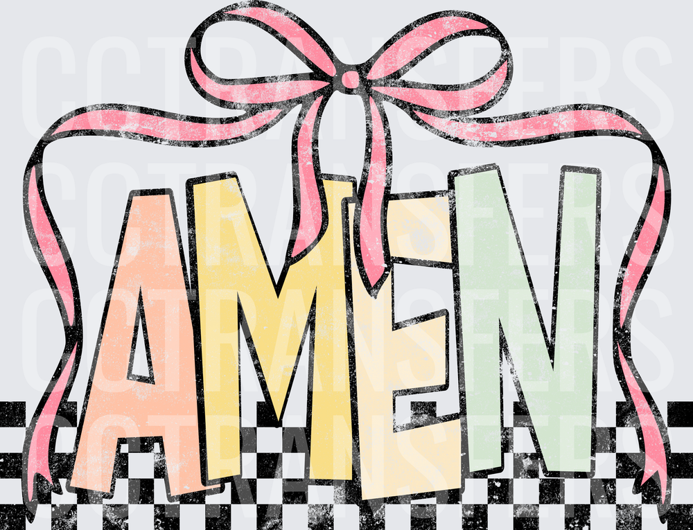 Retro AMEN Pastel Letters Pink Bow Checkered (DTF)