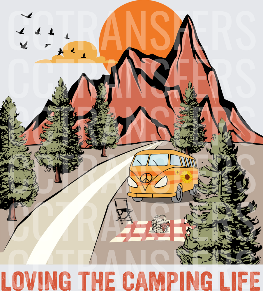 Loving The Camping Life Retro Van Mountain Scene (DTF)