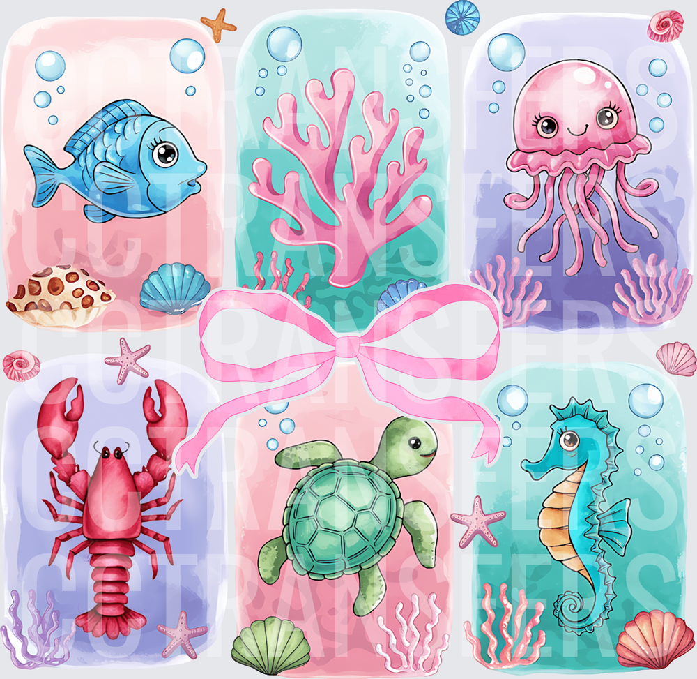 Cute Pastel Ocean Animals Six Panel Sea Life Set (DTF)