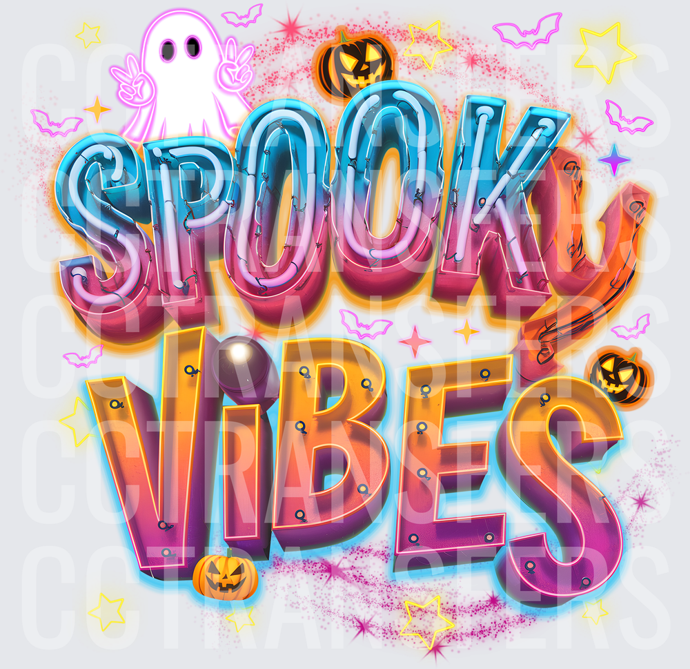 Spooky Vibes Neon Halloween Ghost Pumpkins Bats (DTF)