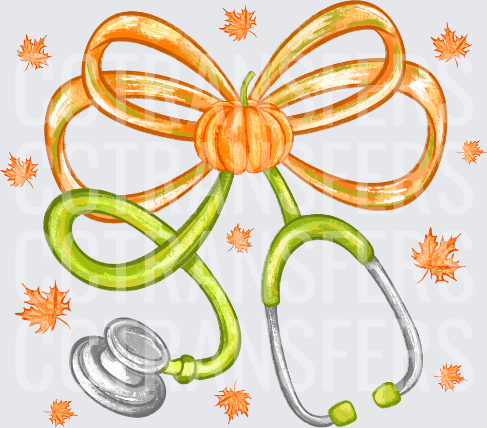Fall Pumpkin Bow Stethoscope with Autumn Leaves (DTF)