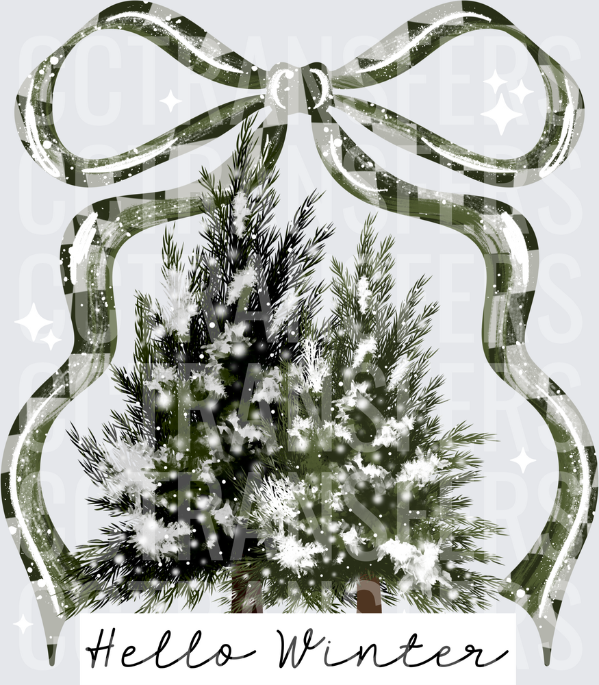 Hello Winter Snow-Covered Pine Trees Buffalo Plaid Bow (DTF)