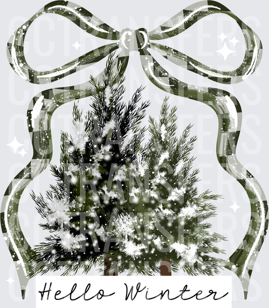 Hello Winter Snow-Covered Pine Trees Buffalo Plaid Bow (DTF)