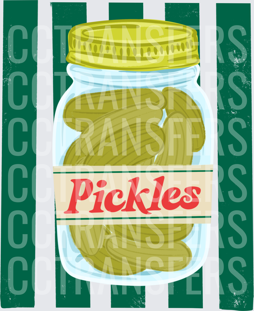 Vintage Mason Jar Full of Pickles Label Green Stripes (DTF)