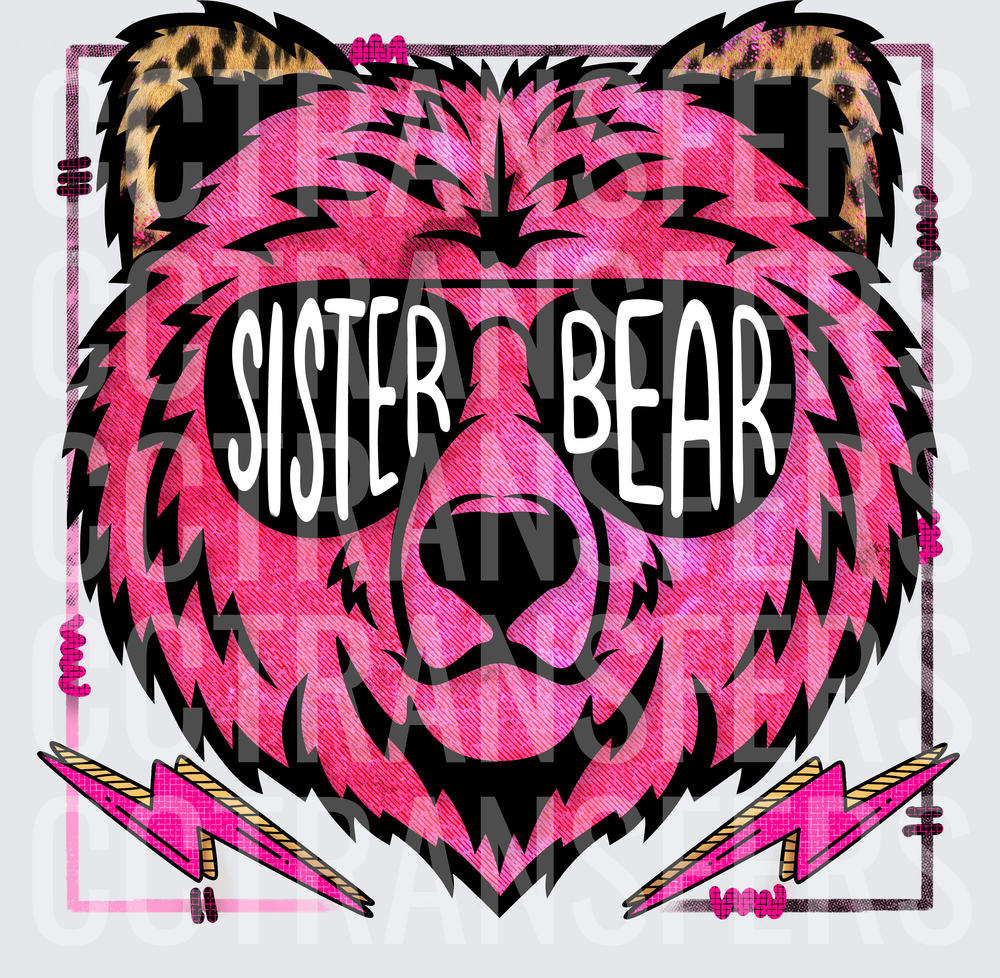 Sister Bear Pink Leopard Bear Sunglasses Lightning Bolt (DTF)