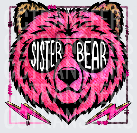 Sister Bear Pink Leopard Bear Sunglasses Lightning Bolt (DTF)