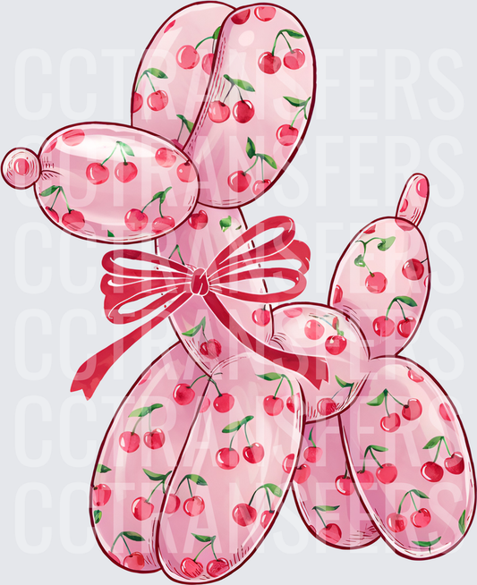 Pink Cherry Print Balloon Dog with Red Bow (DTF)