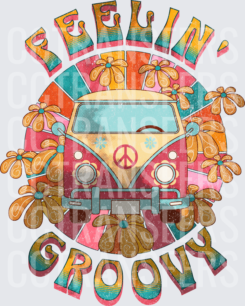 Feelin Groovy Retro Van Peace Sign Flowers (DTF)
