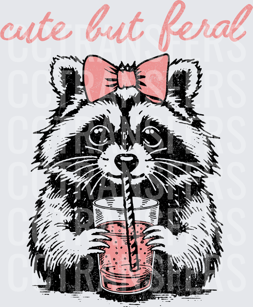 Cute But Feral Raccoon With Pink Bow Sipping Drink (DTF)