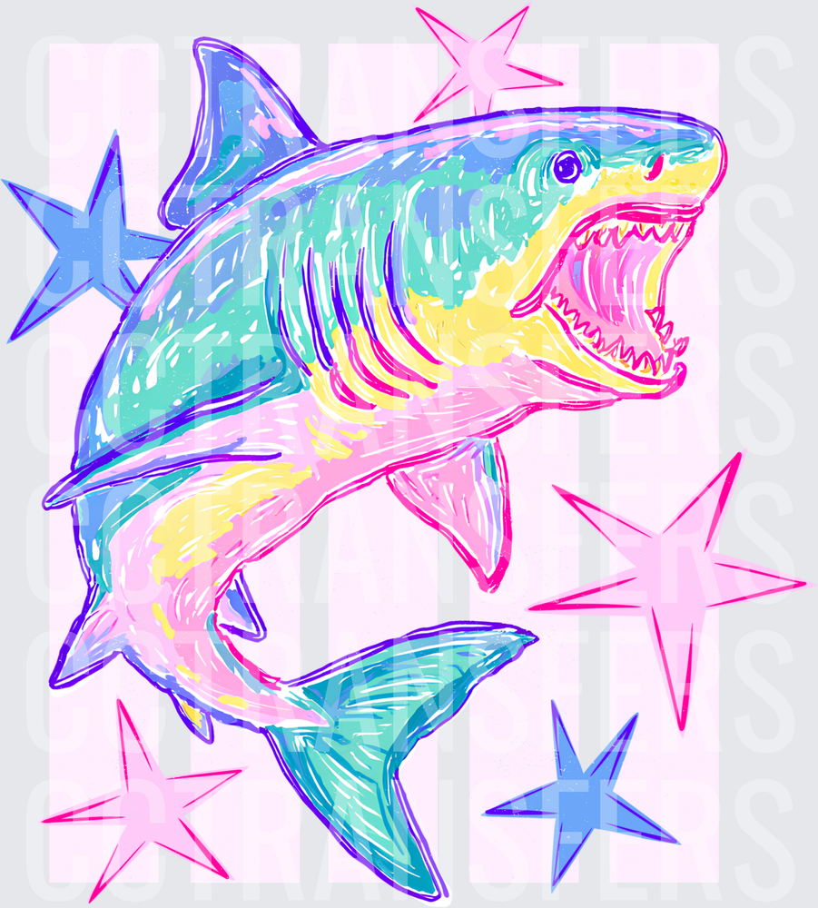 Pastel Rainbow Shark Open Mouth Stars Retro Pop Art (DTF)