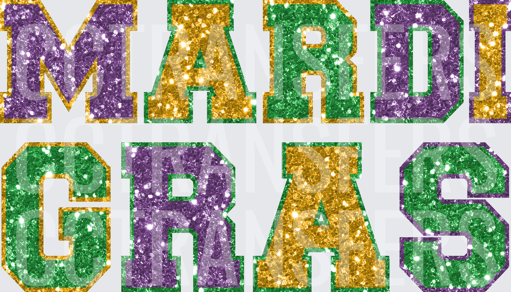 Mardi Gras Glitter Varsity Letter Block Text (DTF)
