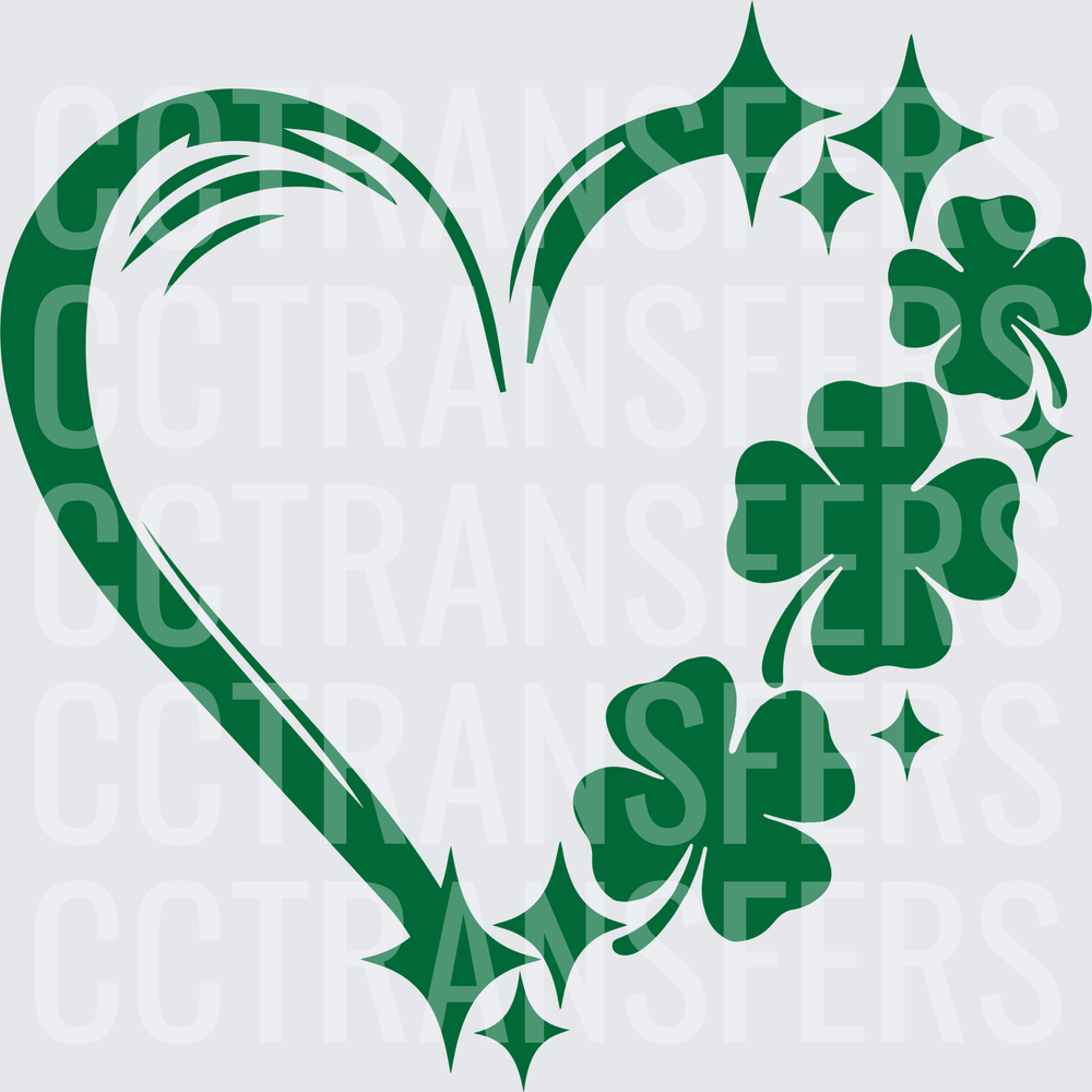 Green Heart with Four-Leaf Clovers and Sparkles (DTF)
