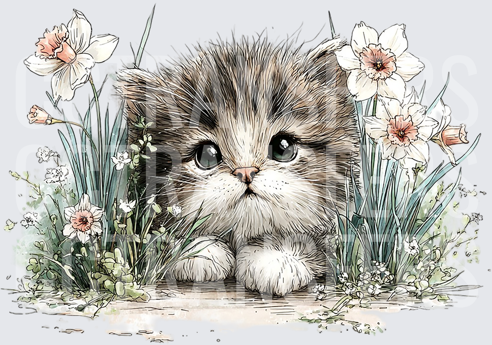 Fluffy Kitten Nestled Among Spring Daffodils (DTF)