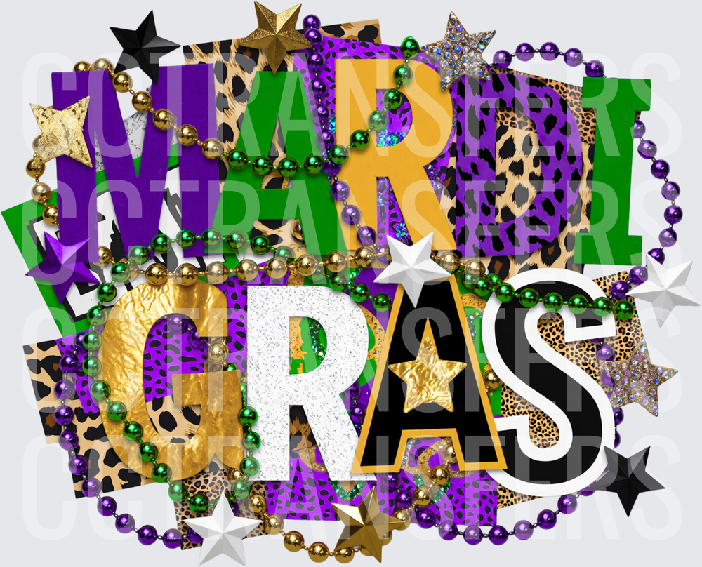 Mardi Gras Bold Letters Beads Stars Leopard Print (DTF)