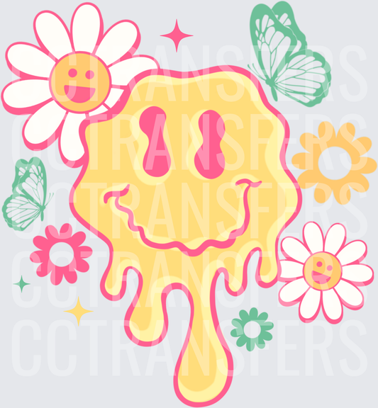 Retro Melting Smiley Face Flowers Butterflies (DTF)