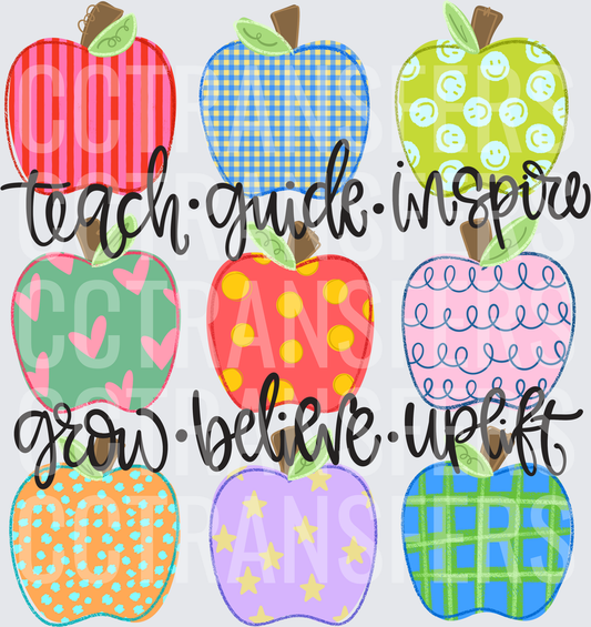 Nine Patterned Apples Teach Guide Inspire Grow Believe Uplift (DTF)