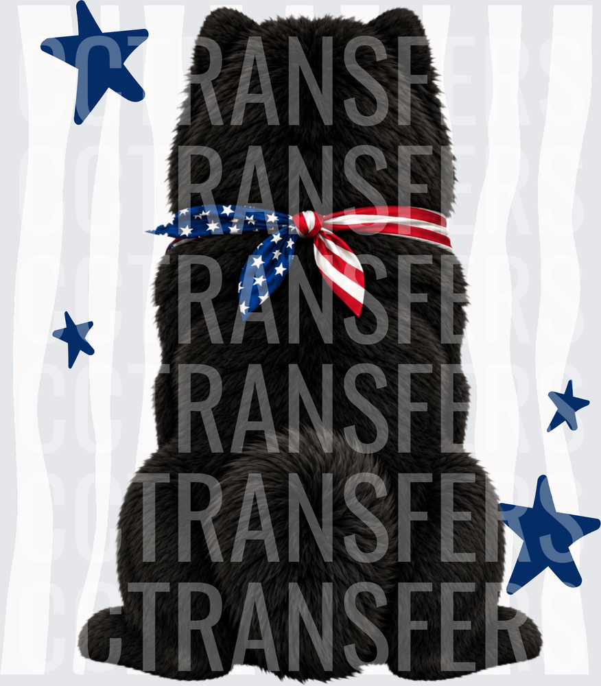 Fluffy Black Cat Back View American Flag Bow Stars (DTF)