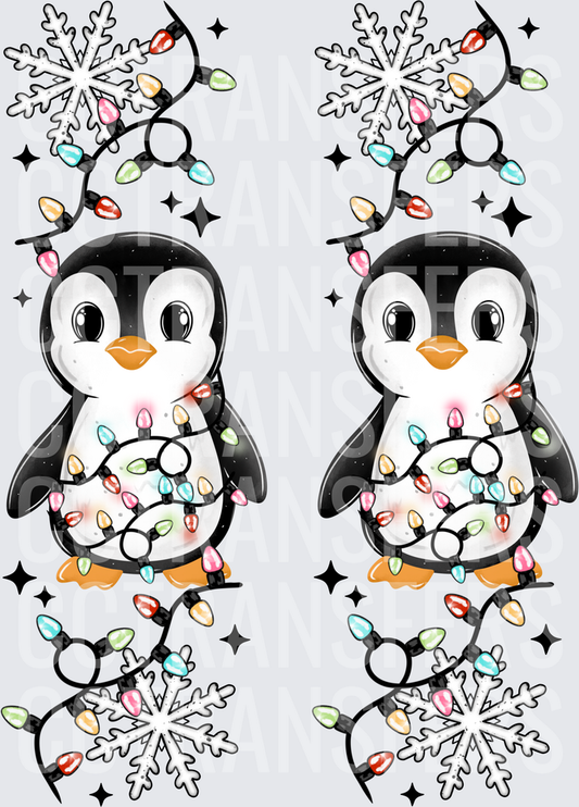 Cute Penguin Wrapped in Christmas Lights Snowflakes (DTF)