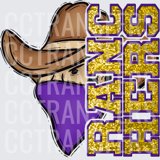 Rangers Raiders Glitter Gold Purple Cowboy Bandit Mascot (DTF)
