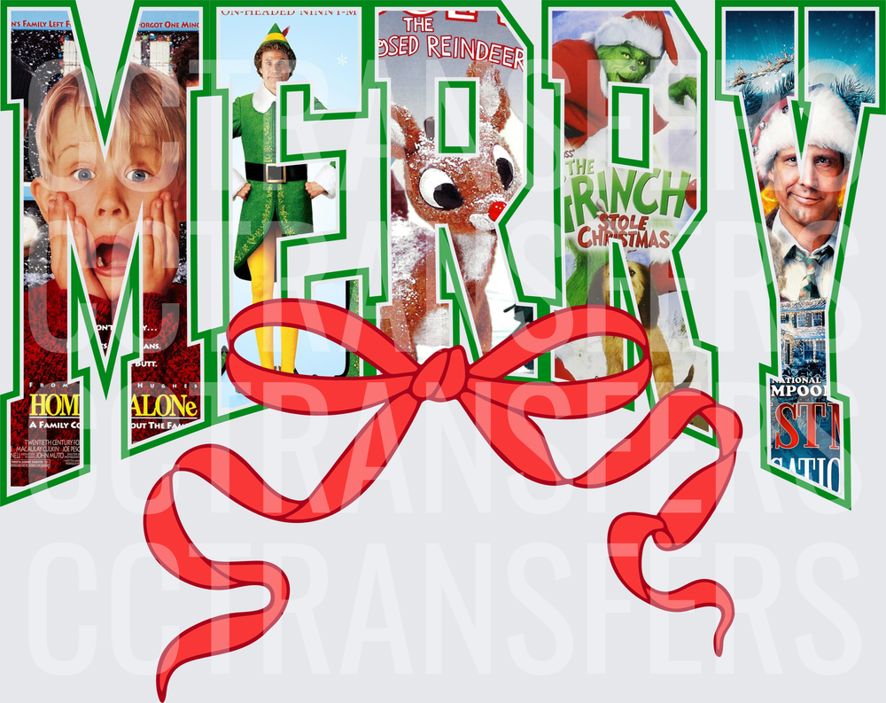 Merry Classic Holiday Movies Collage with Red Bow (DTF)