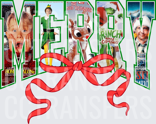 Merry Classic Holiday Movies Collage with Red Bow (DTF)
