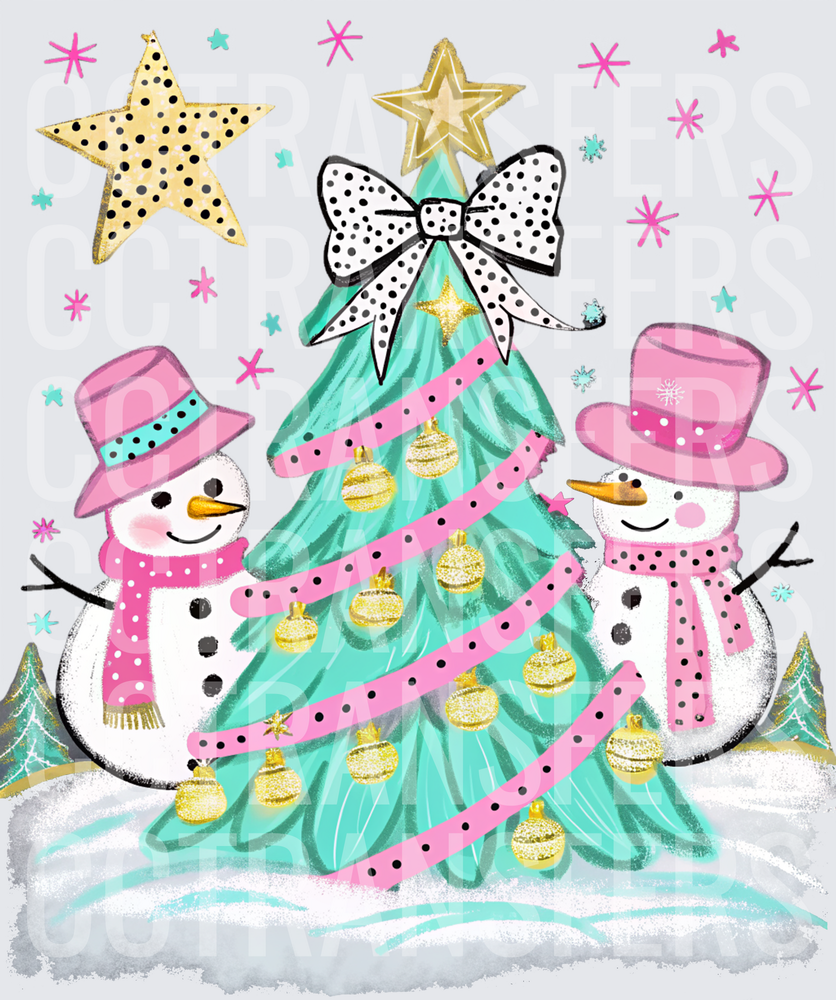 Retro Snowmen Pink Teal Christmas Tree Polka Dot Bow (DTF)