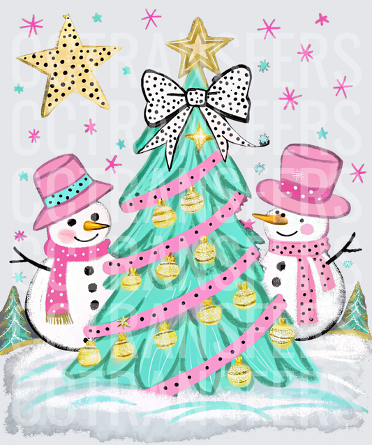 Retro Snowmen Pink Teal Christmas Tree Polka Dot Bow (DTF)