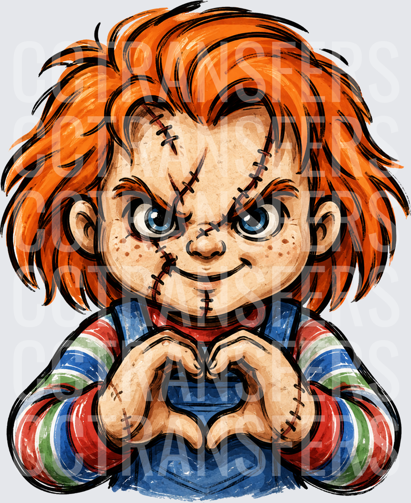 Scarred Doll Heart Hands Orange Hair Horror Icon (DTF)
