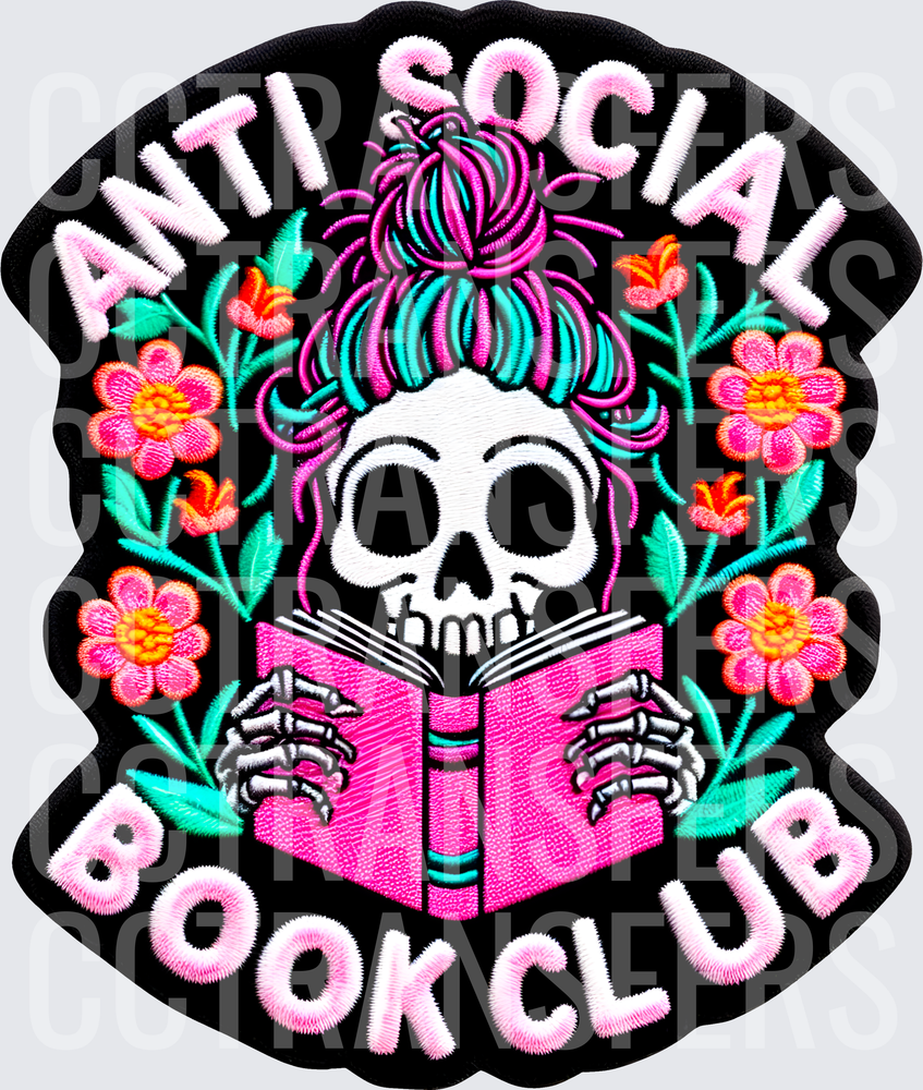 Anti Social Book Club Skull Reading Floral Embroidery (DTF)