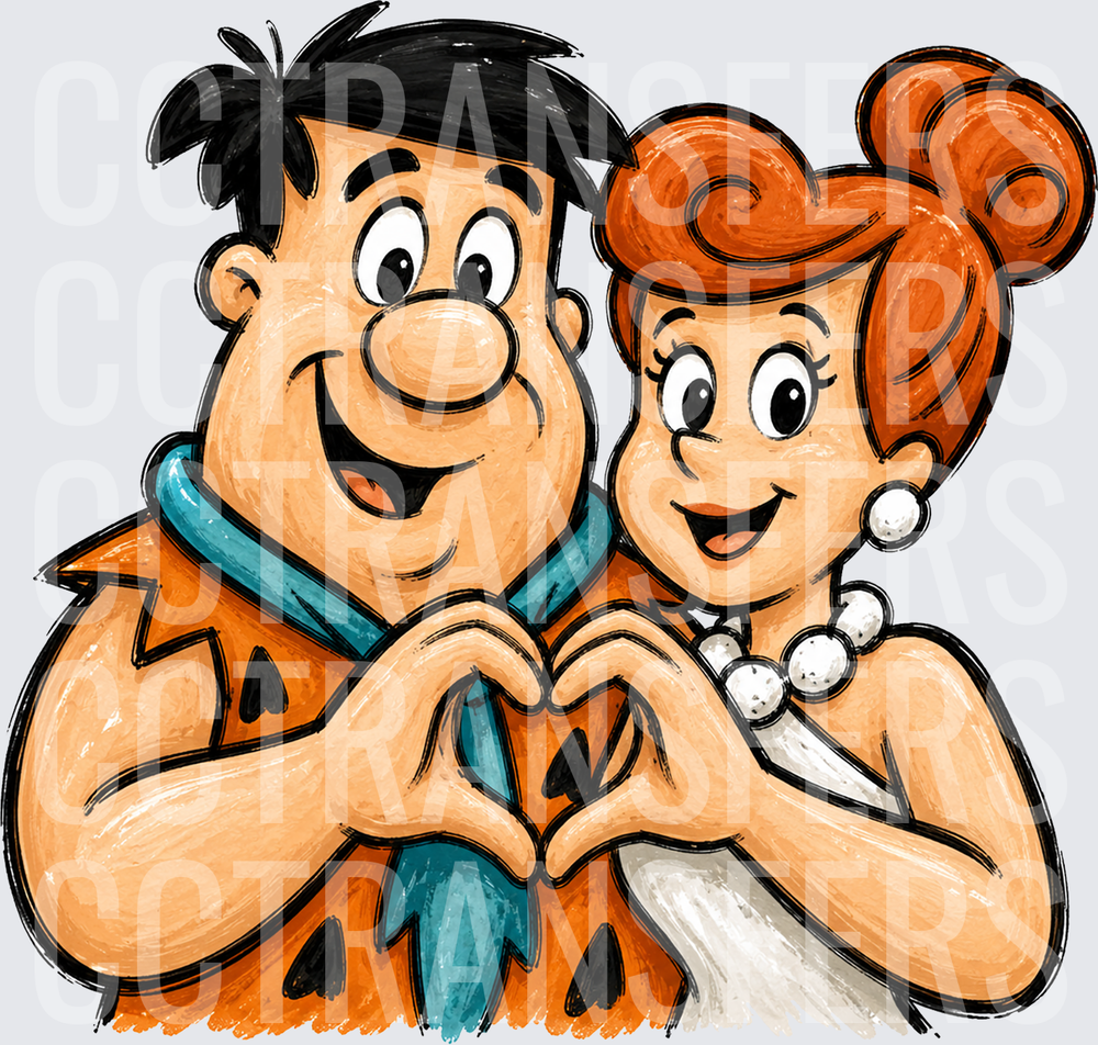 Prehistoric Cartoon Couple Making Heart Hand Gesture (DTF)