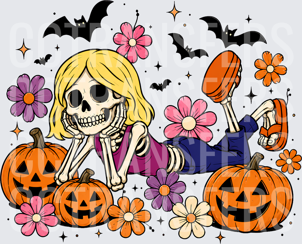 Blonde Skeleton Girl Lounging Halloween Pumpkins Bats Floral (DTF)