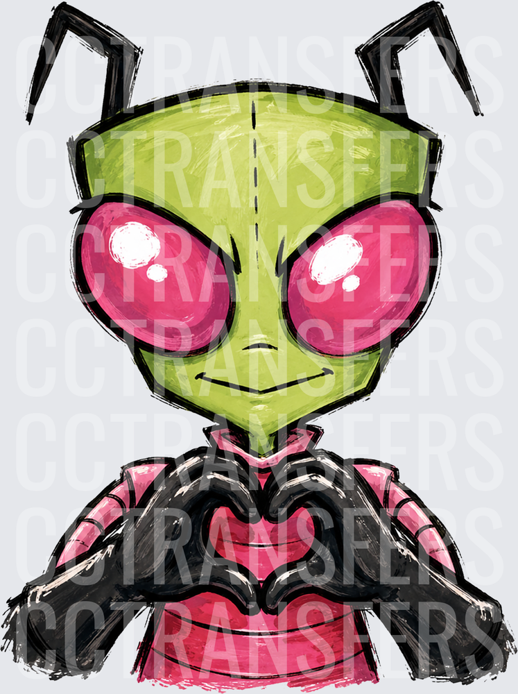 Green Alien Making Heart Hands Pink Eyes Smirk (DTF)