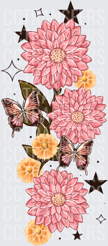 Pink Dahlia Floral Butterfly Stars Vertical Bloom (DTF)